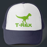 Boné Chapéu do camionista do dinossauro do tiranossauro<br><div class="desc">Chapéu verde do camionista do dinossauro do trex personalizado com nome dos miúdos. Design pré-histórico bonito do boné do rex de t para a festa de aniversário dos meninos. Faça um para o filho, o neto, a ilustração animal dos desenhos animados do t-rex pre histórico selvagem do irmão etc. para...</div>