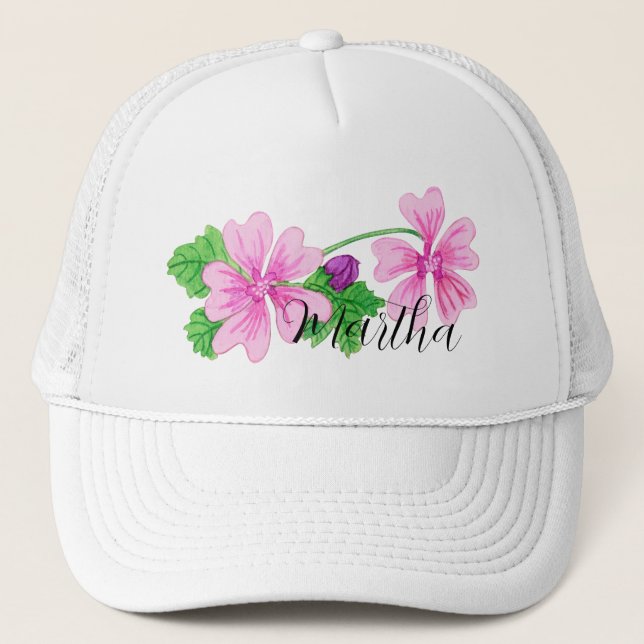 Boné Chapéu Trucker com flor de aquarela rosa (Frente)