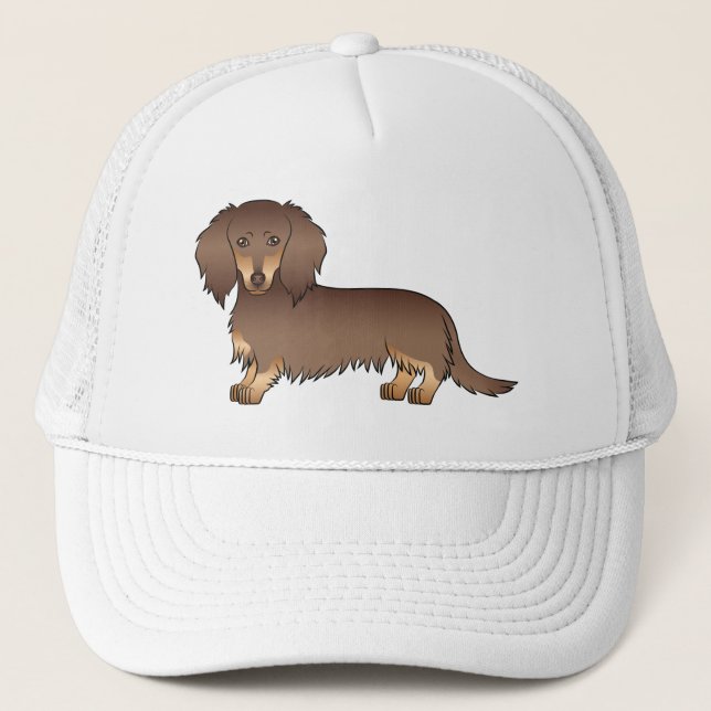 Boné Chocolate e Tan Long Hair Dachshund Cartoon Cão (Frente)