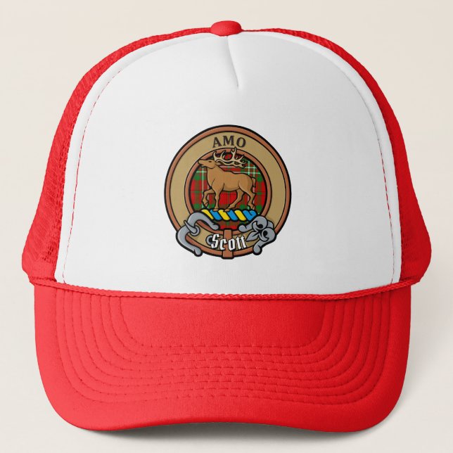 Boné Clan Scott Crest sobre Red Tartan Trucker Hat (Frente)