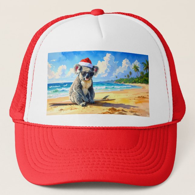 Boné Coala de chapéu de Papai Noel ao sol e ao surf (Frente)