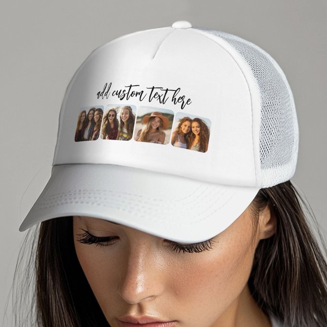 Boné Colagem de 4 fotos com script moderno - branco (Custom Trucker Hat with Photo Collage)