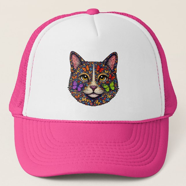 Boné Colorful Butterfly Blooms Cat Portrait Kitty Lover (Frente)