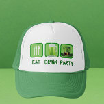 Boné Coma Ruas Engraçadas do Partido da Bebida.<br><div class="desc">Uma Rua legal. O boné do dia de Patrick com as palavras Comer Bebida e Festa ao lado do símbolo para comer,  uma caneca de cerveja verde,  e uma Rua. O chapéu de duende do dia de Paddy.</div>