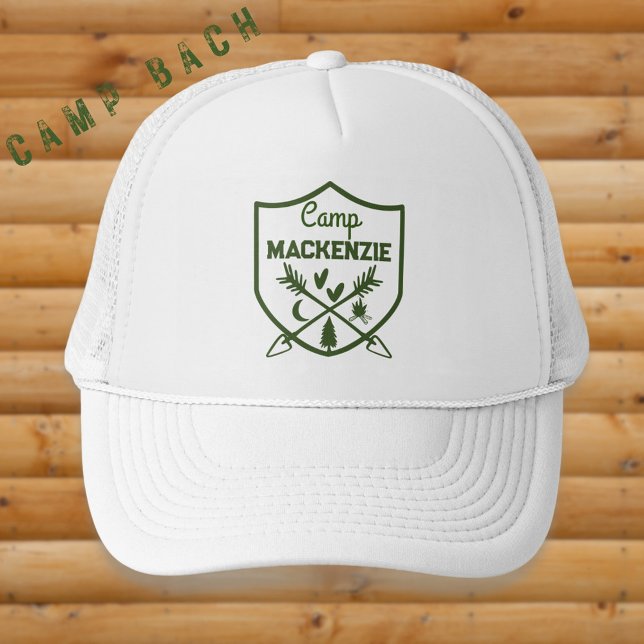 Boné Crachá Retroativo Bachelorette Camp Personalizado (Official Camp Bride logo with a shield and arrows. Hearts, campfire, tree, and moon. A charming cap.)