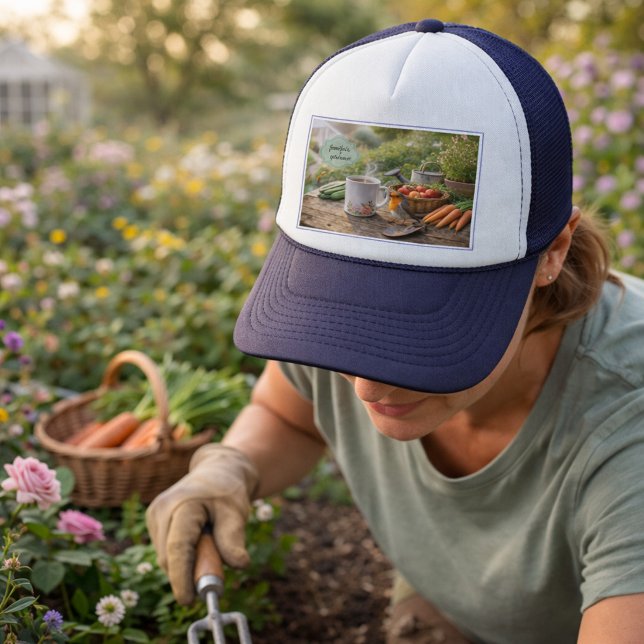 Boné Crie seu próprio Café antes de jardinagem (Create your own Coffee before gardening Trucker Hat. You can add your own name to personalize. )