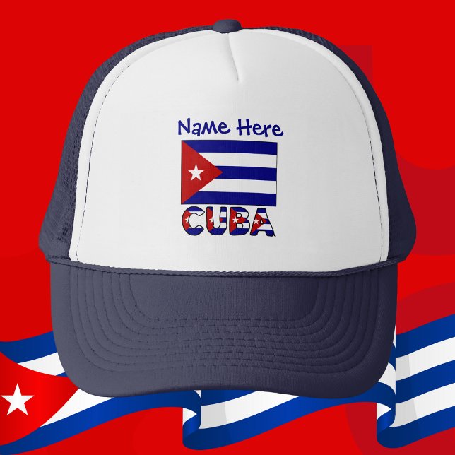 Boné Cuba Dark Blue Cuban Flag Navy Blue Personalized (Personalized trucker hat with dark blue Cuban flag and the word CUBA below.)