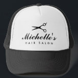 Boné Custom hair salon trucker hat for hair stylist<br><div class="desc">Custom hair salon trucker hat for hair stylist. Elegant script typography template for name. Make your own personalized hat for hairdresser, barber, employee, co worker, friend, shop owner etc. Professional barber scissors logo silhouette. Cute Birthday or Christmas gift idea for personnel. Custom cap color. Add your own business slogan or...</div>