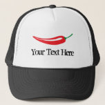 Boné Custom spicy hot red chili pepper trucker hat<br><div class="desc">Custom spicy hot red chili pepper trucker hat. Spicy food design with vintage typography template. Add your own name,  monogram or funny quote / saying. Cute personalized gift idea for men and women. Black and white cap. Fun for spicy food eating contest.</div>