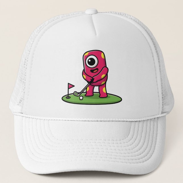 Boné Cute One-Eyed Pink Monster Playing Golf Cartoon (Frente)