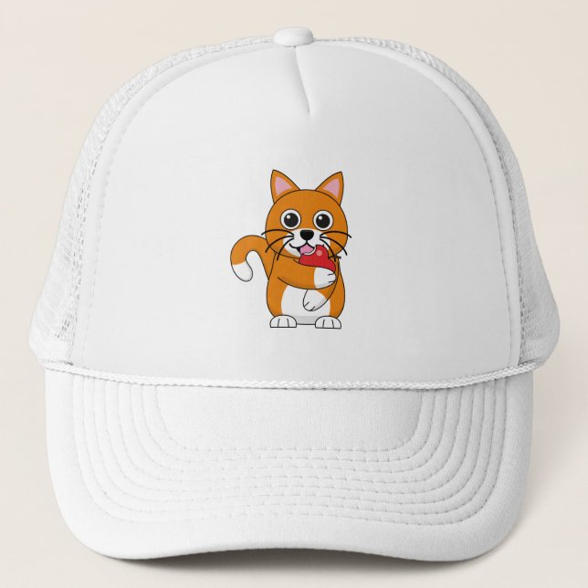 Boné Cute Orange White Cat Eating Red Apple Cartoon (Frente)