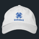 Boné De Baseball Monograma De Casamento Personaliz<br><div class="desc">Surpreenda suas madrinhas com este legal boné no estilo baseball que apresenta seu monograma de 3 letras e a palavra-madrinha abaixo. A figura acima é um boné khaki com texto azul real, mas você pode mudar facilmente o boné e as cores do texto para combinar o tema/cores do seu casamento....</div>