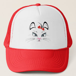 Boné de Caminhoneiro com Gato e Laço Vermelho Fofo