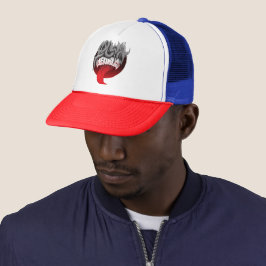Boné de camionista vermelho, branco e azul com um