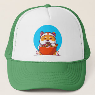 Boné Desenho Animado de Shiba Inu Fofo Comendo Macarrão