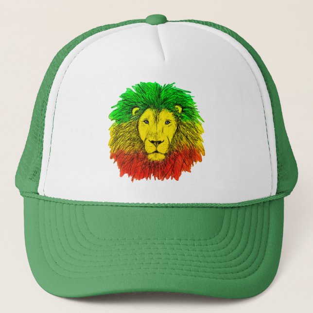 Boné Desenho da cabeça de leão Rasta vermelho amarelo v (Frente)