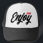Boné Desfrute do chapéu do caminhoneiro da Vida<br><div class="desc">Aproveite o chapéu de caminhoneiro da Life. Boné de baseball preto e branco personalizado com tipografia de script. design de na moda. Disponível em cores legal. Adicione sua própria citação inspiradora ou dizendo opcionalmente. Boa ideia de presente de aniversário para amigos e família.</div>