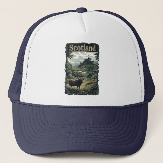 Boné Design da Escócia: Highland Cow, Castle e Scenery (Frente)