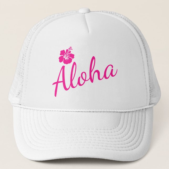 Boné Design de texto rosa original ALOHA e flor (Frente)