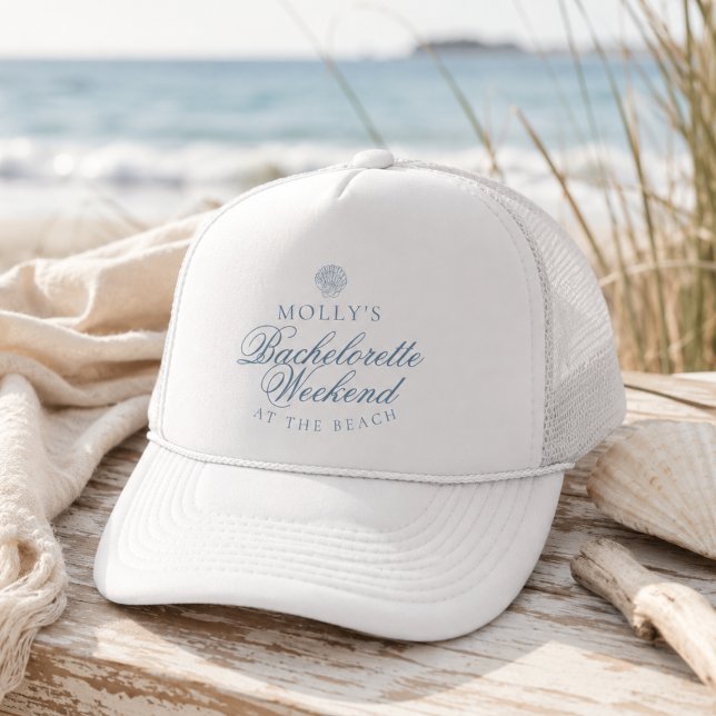Boné Despedida de Solteira Concha Azul Costeira (Coastal Blue Seashell Bachelorette Trucker Hat
)