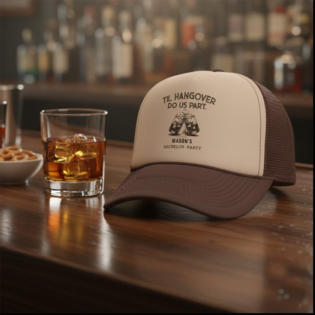 Boné Despedida de Solteiro Engraçada Até a Ressaca Nos  (Bachelor Party Funny Til Hangover Do Us Part Trucker Hat)