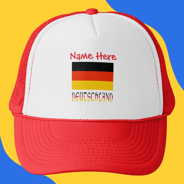 Boné Deutschland German Flag Red Personalization  (Personalized trucker hat with German flag and the word DEUTSCHLAND below in flag colors.)