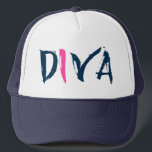 Boné Diva Blue & Pink Text Design<br><div class="desc">Diva Text design. Cute dark navy-blue and pink accent modern hand written text design</div>