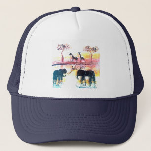 Boné Elefante, arte do por do sol do safari do girafa