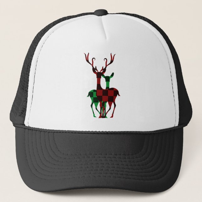 Boné Elegant Red & Green Buffalo Plaid Reindeer Couple (Frente)