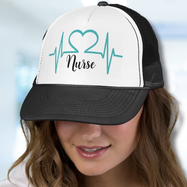 Boné Enfermeiro Médico Moderno Simples (Teal Blue Modern Heart Beat EKG Line Medical Nurse Trucker Hat)