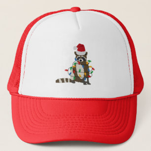 Boné Engraçado Natal Raccoon Santa Hat Luzes de Natal