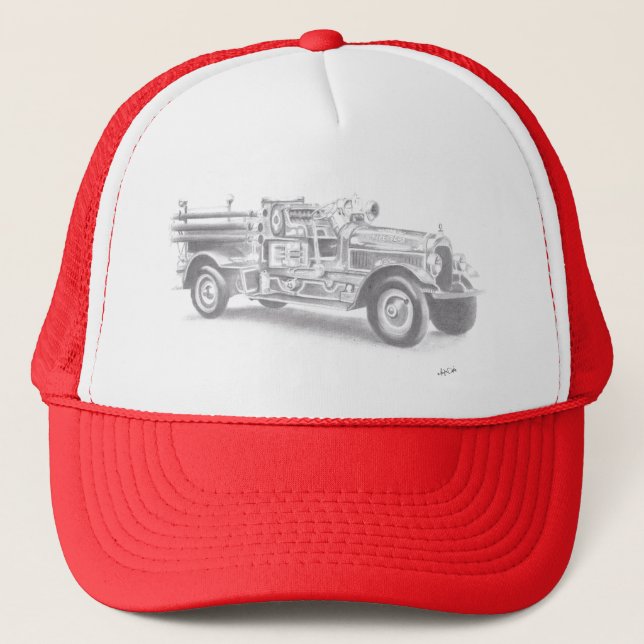 Boné esboço de caminhão de bombeiros vintage desenhado  (Frente)