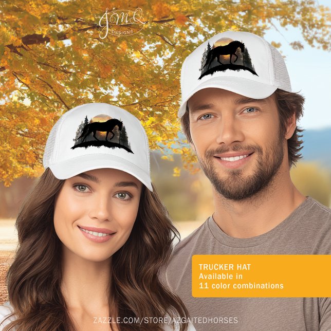 Boné Estilo Equestre Russo Rústico de Cavalo Solto (Sunset Horse Silhouette Rustic Equestrian Style Trucker Hat)