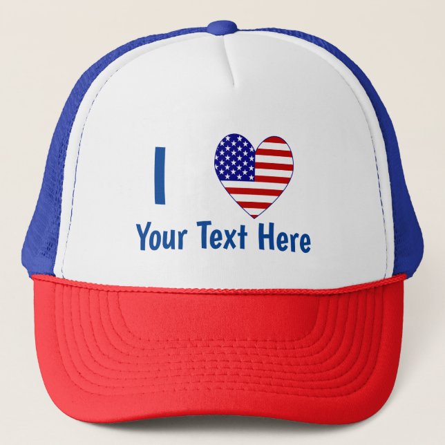 Boné Eu Amo (Coração da Bandeira dos EUA) Seu Texto Azu (Frente)