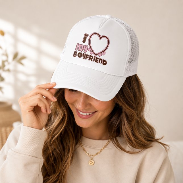 Boné Eu Amo Meu Namorado Coração Rosa Marrom Chapéu (Criador carregado)
