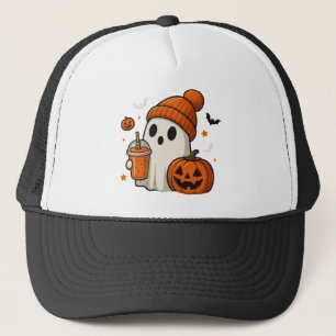Boné Fantasma de Halloween Fofo com Abóbora e Bebida