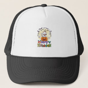 Boné Feliz Halloween Gato Branco Abóbora Lua Morcegos F