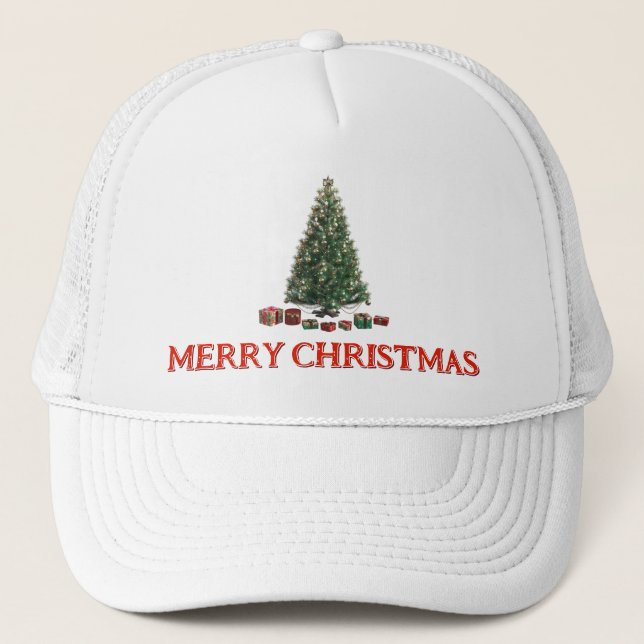 Boné Feliz Natal. Árvore (design 1) com presentes (Frente)