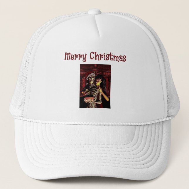 Boné Feliz Natal. Esqueleto engraçado com mulher (Frente)