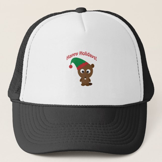 Boné Felizes Festas! Elfo de Natal de Castor (Frente)