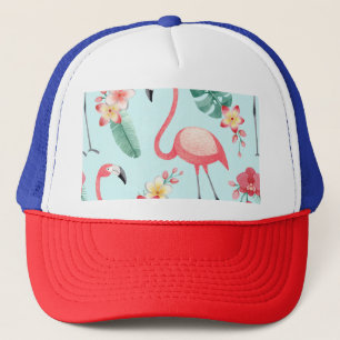 Boné Flamingos Flores Tropicais Padrão de Aquarela