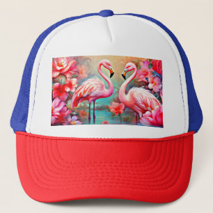 Boné Flamingos rosa em um lago com flores-20231