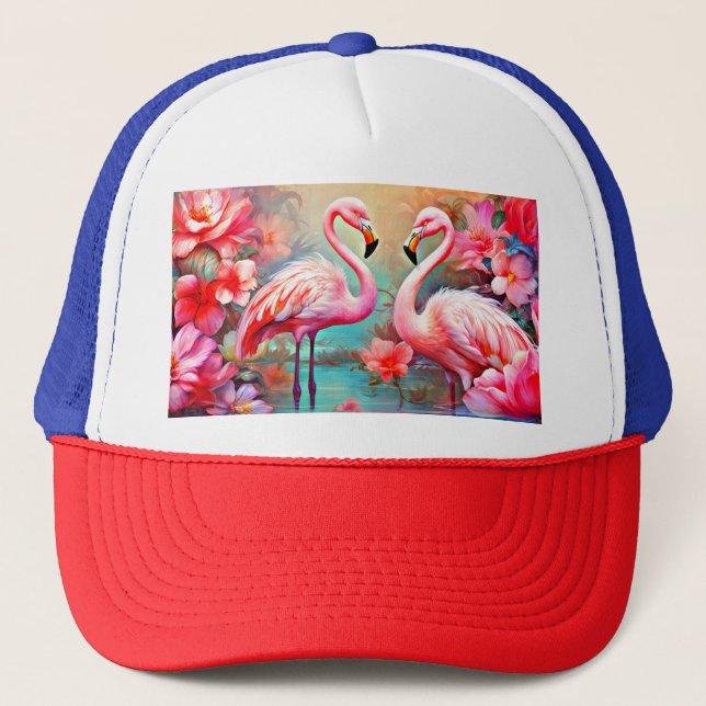 Boné Flamingos rosa em um lago com flores-20231 (Frente)