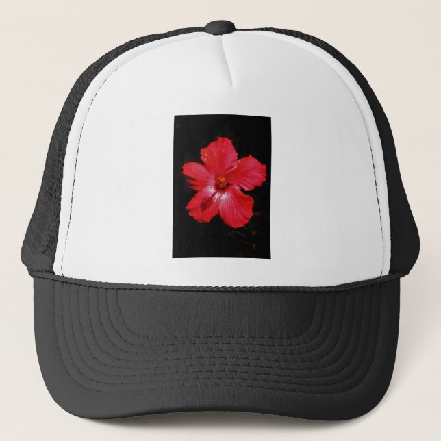 Boné Flor de Hibiscus Vermelho Rosa-Quente a Preto (Frente)