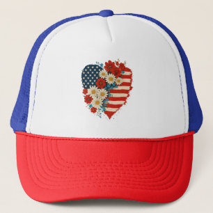 Boné Floral American Flag Heart 4 de julho EUA