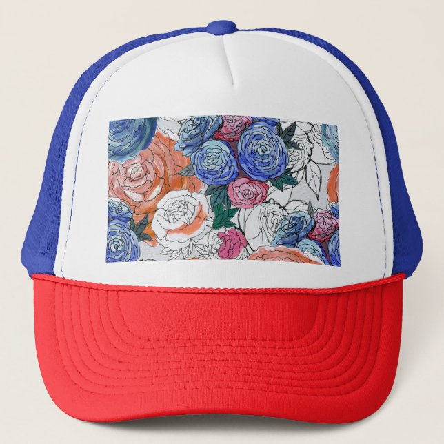 Boné Flores Coloridas: Padrão Vibrante Sem Costura (Frente)