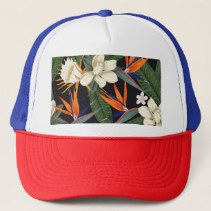 Boné Flores tropicais, fundo escuro, sem costura floral