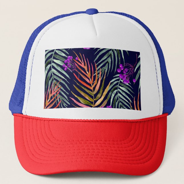 Boné Folhas tropicais de aquarelas, abstrato splash. (Frente)