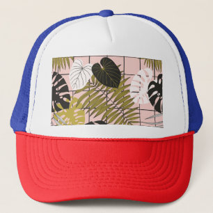 Boné Folhas tropicais, flores, padrão pintado à mão.