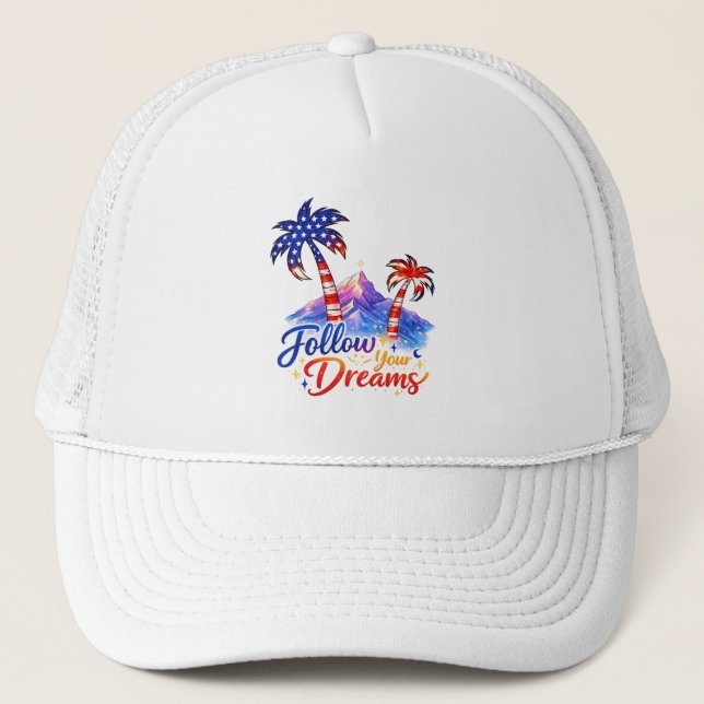 Boné Follow Your Dreams Patriotic Palm Tree Trucker Hat (Frente)